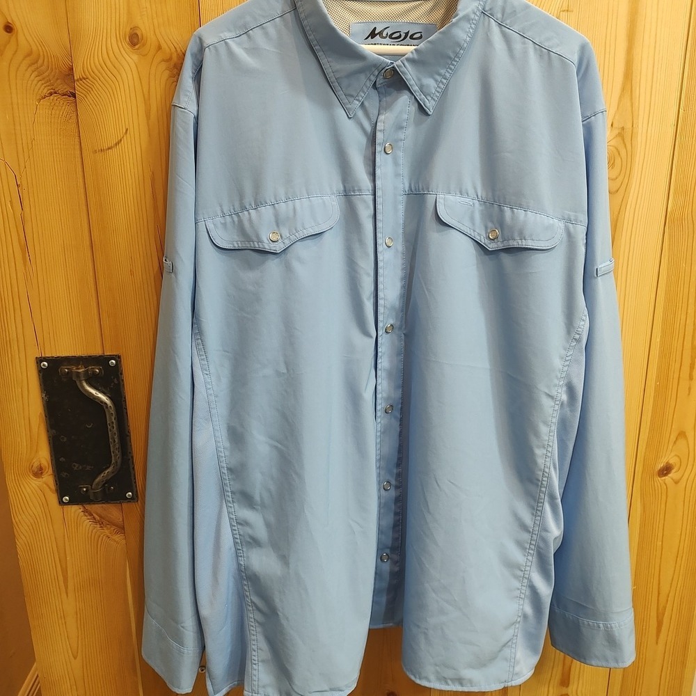 Mojo Mens Fishing Shirt Sz 3XL Blue Logo‎ Vented Stretch Long Snap Button